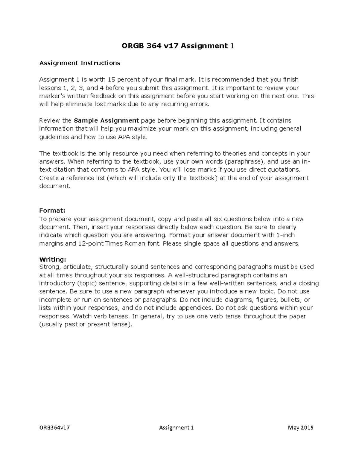 ORB 364v17 Assignment 1 Guidelines and Requirements Summary - Studocu
