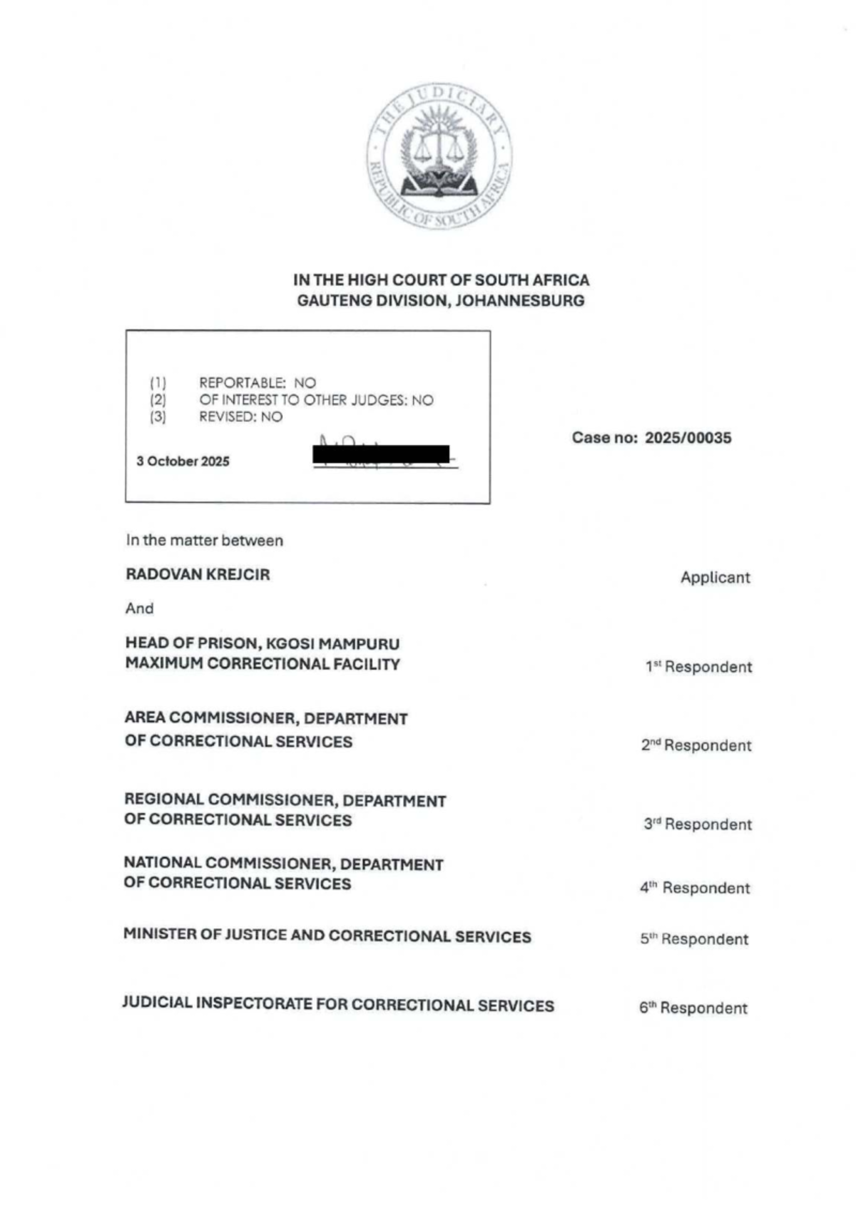 Case No: 3/2025 - Contempt of Court Ruling in Krejcir v. Head of Prison ...