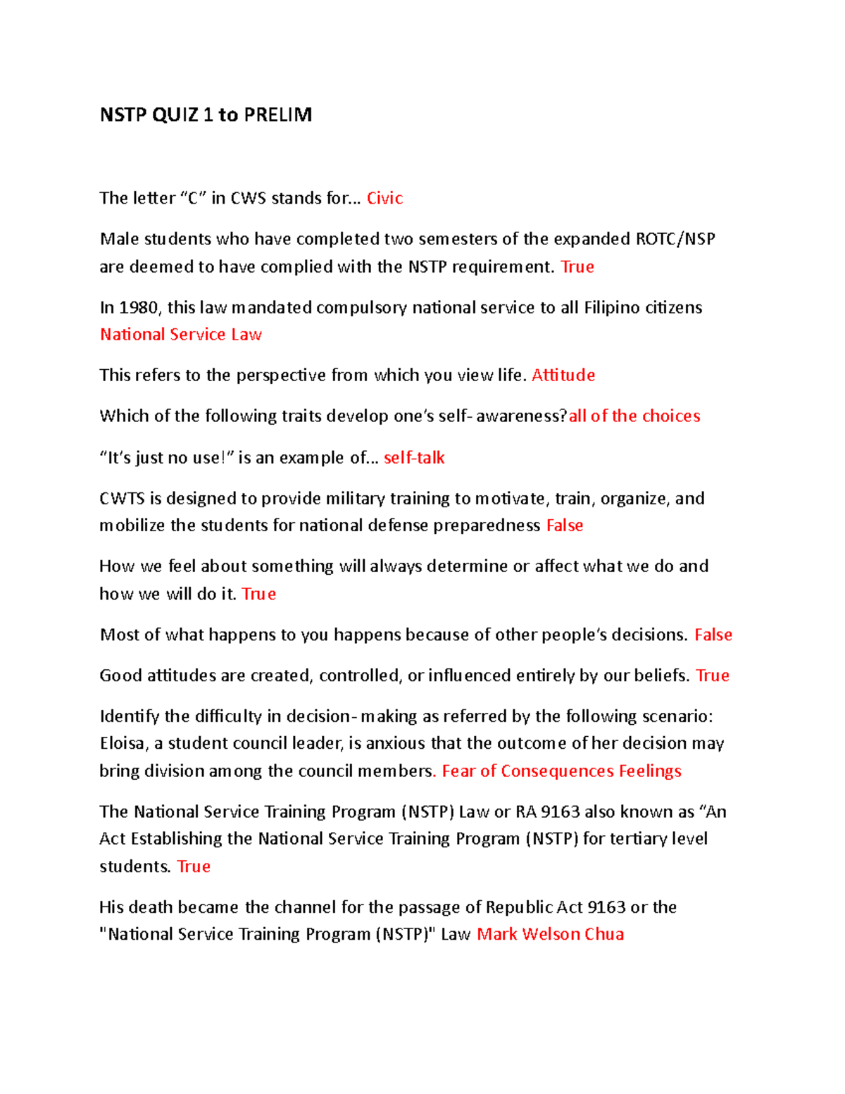 NSTP QUIZ 1: Questions and Key Concepts for Prelim Exam - Studocu