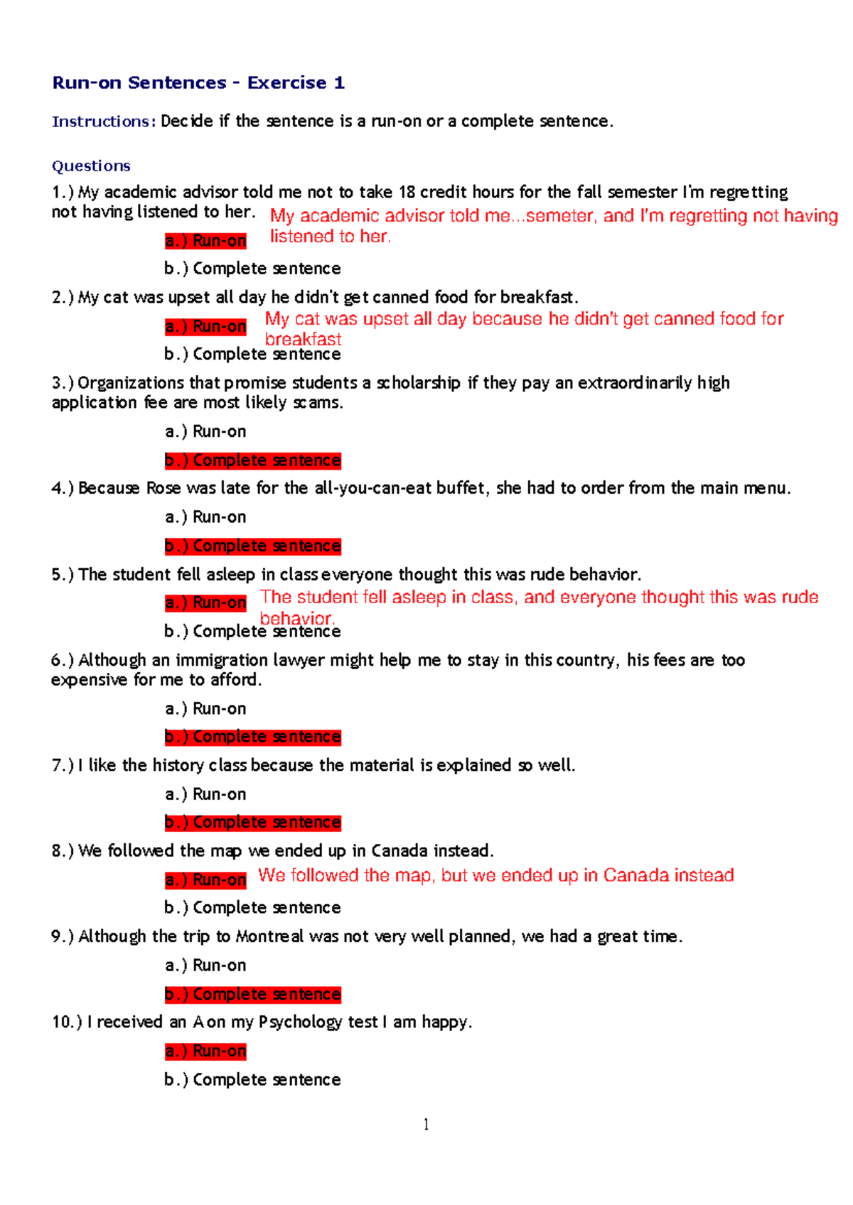 Run-On Sentences and Comma Splices Exercise 2 - Studocu