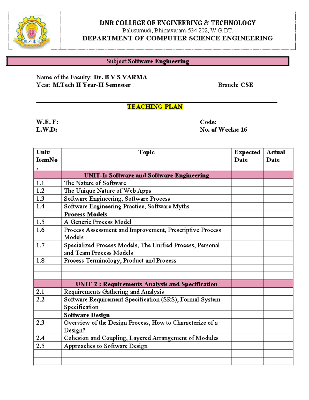 SE Teaching Plan - software details with example 2 - DNR COLLEGE OF ...