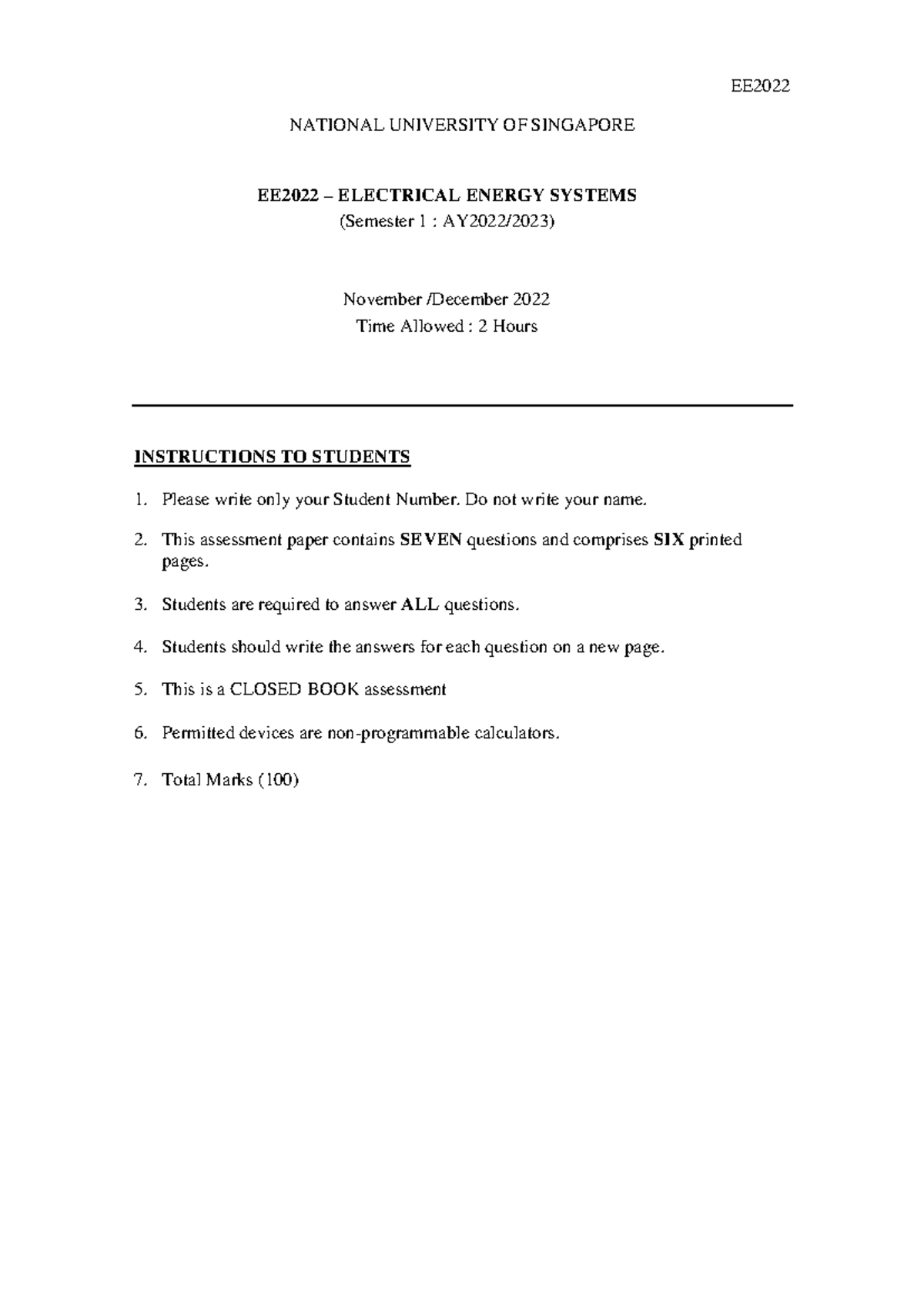 EE2022 Electrical Energy Systems Final Exam November 2022 - Studocu