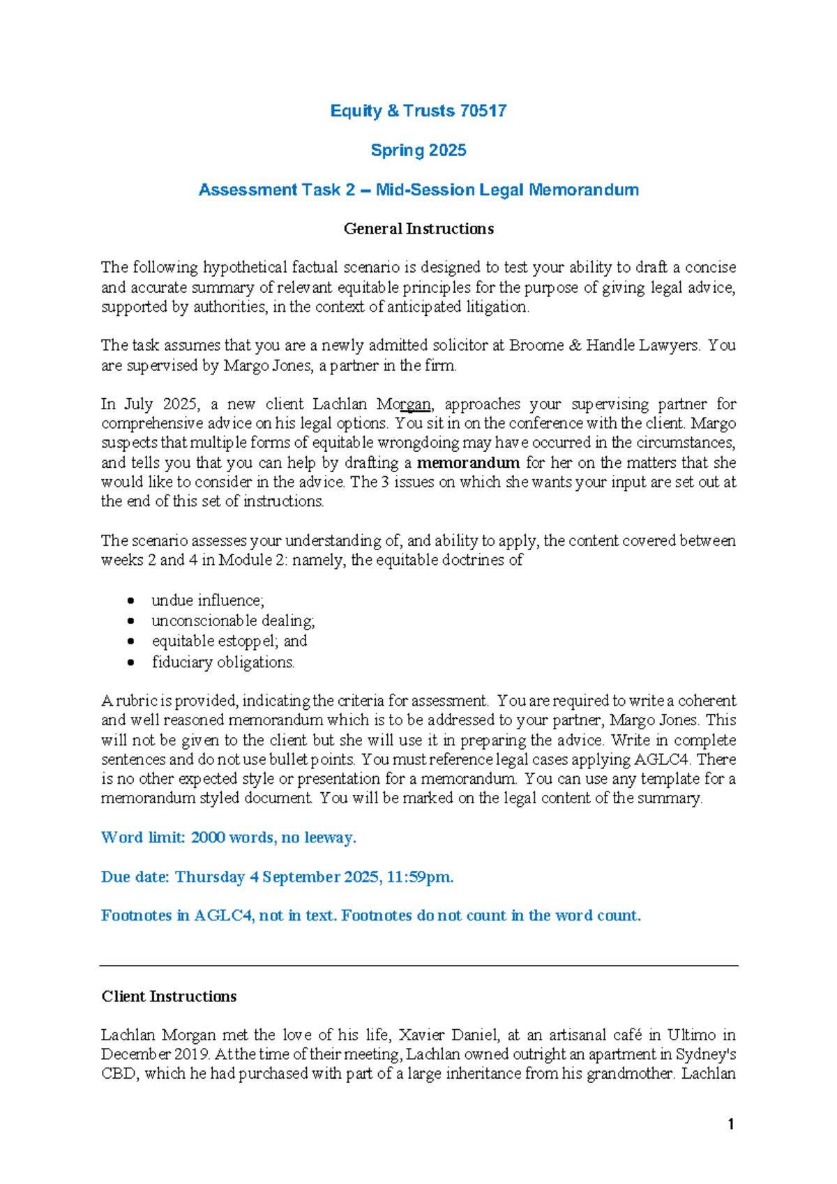 Equity & Trusts 70517 Spring 2025 Mid-Semester Assignment Memo - Studocu