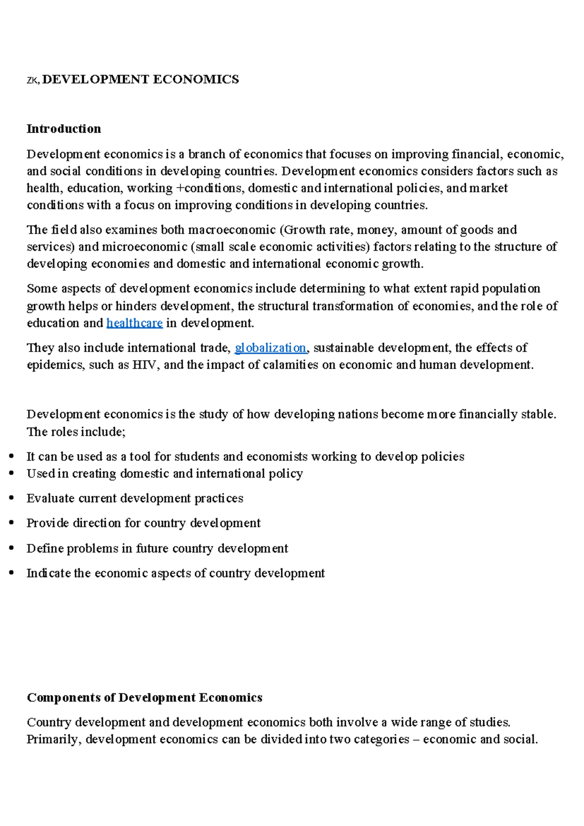 ZK, DEVELOPMENT ECONOMICS: Key Concepts and Theories Explained - Studocu
