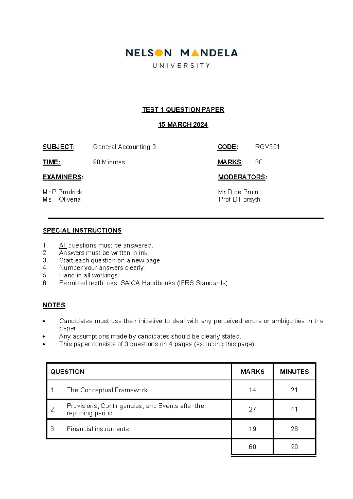 RGV301 - Test 1 2024: General Accounting Exam Questions and Guidelines ...