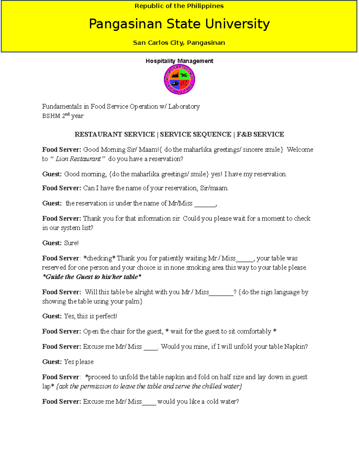 Table-Service Script for BSHM Fundamentals in Food Service - Studocu