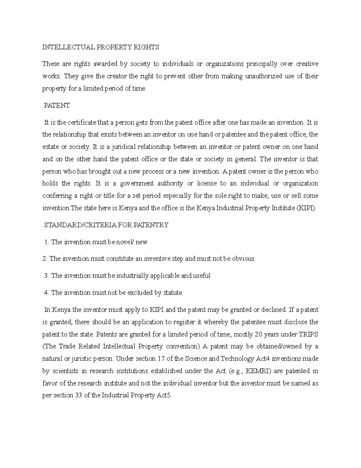 IPR and Patenting in Kenya: Key Concepts and Legal Framework - Studocu