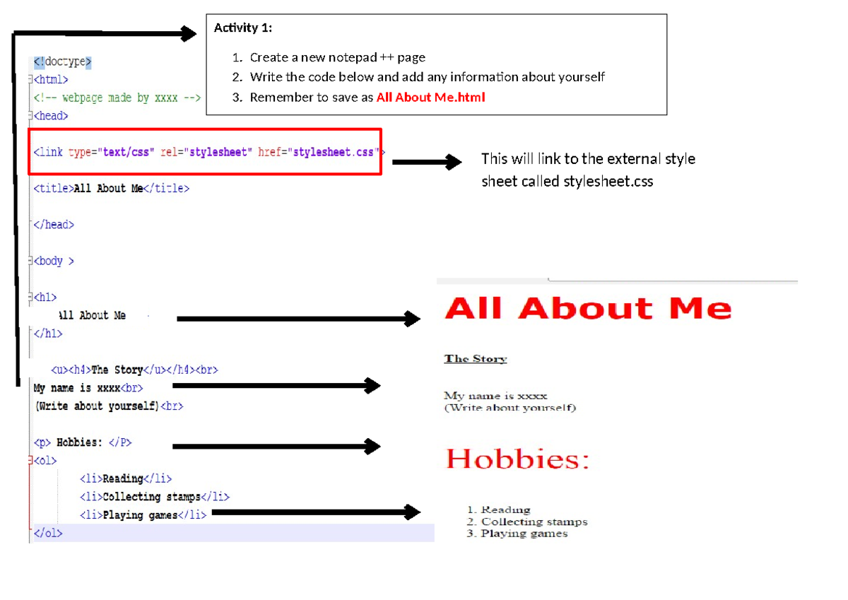 2. Create a page n link with CSS - Activity 1: 1. Create a new notepad ...