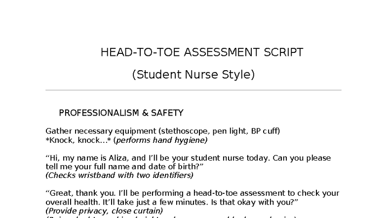 NUR 101: Head-to-Toe Assessment Script for Student Nurses - Studocu