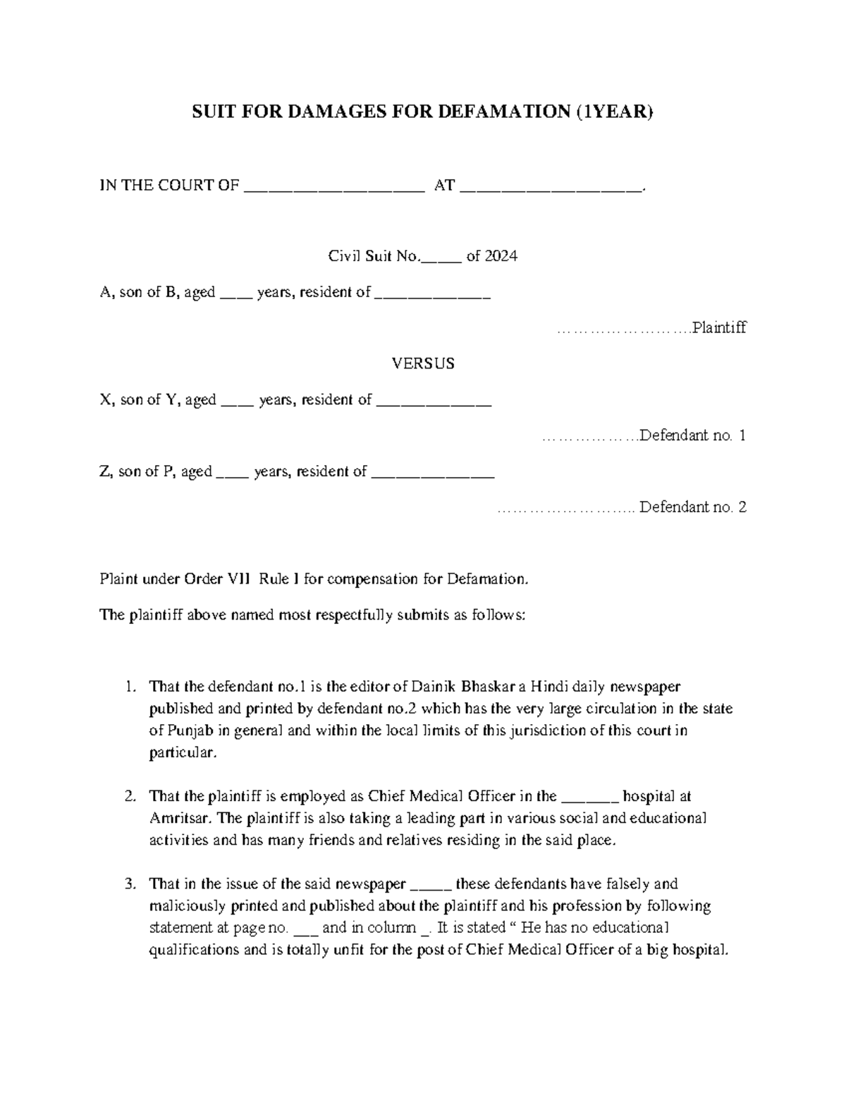 SUIT FOR DAMAGES FOR DEFAMATION (1YEAR) - DRAFT DOCUMENT - Studocu