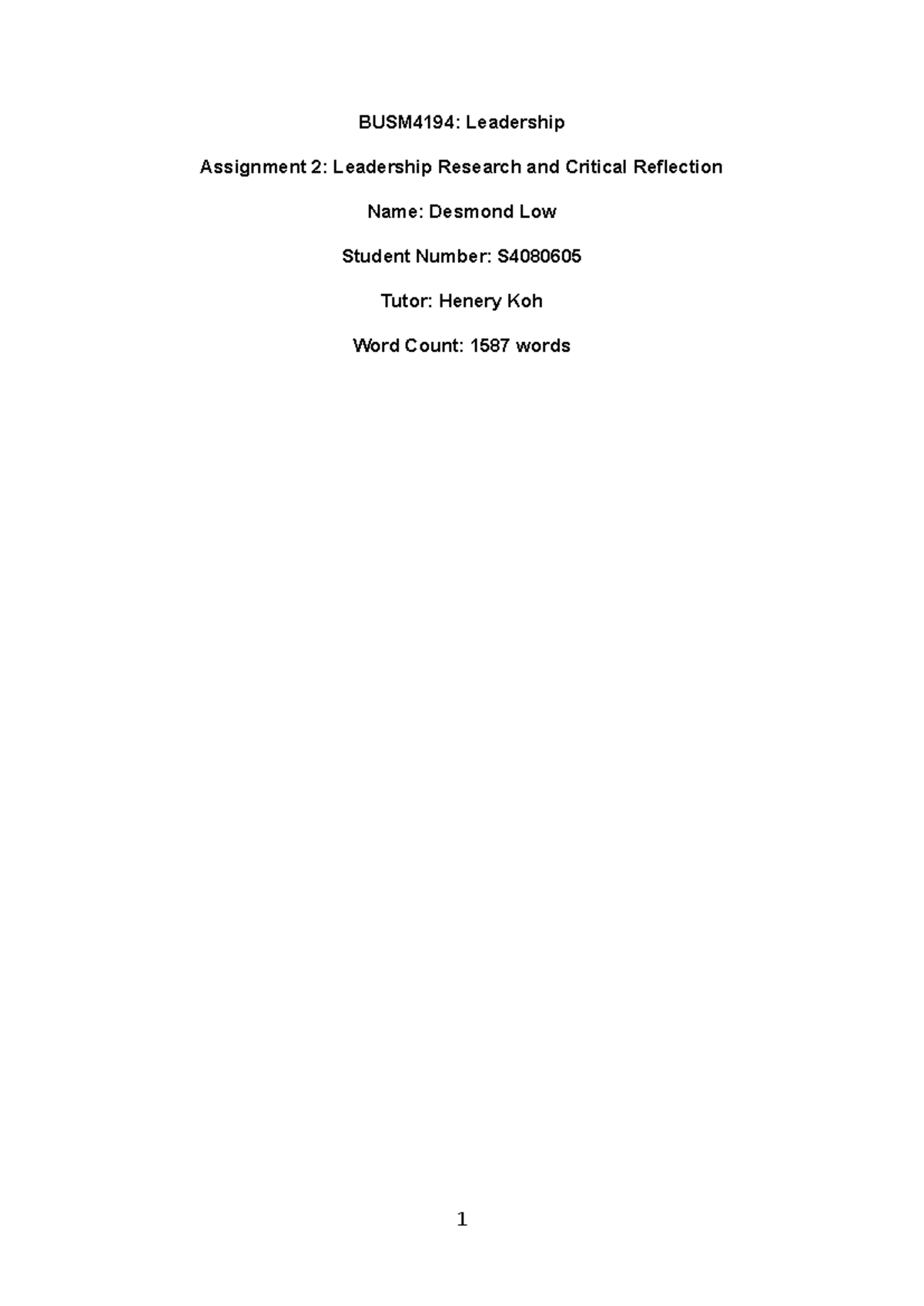BUSM4194: Leadership Assignment 2 - Research on Jackie Chan's ...