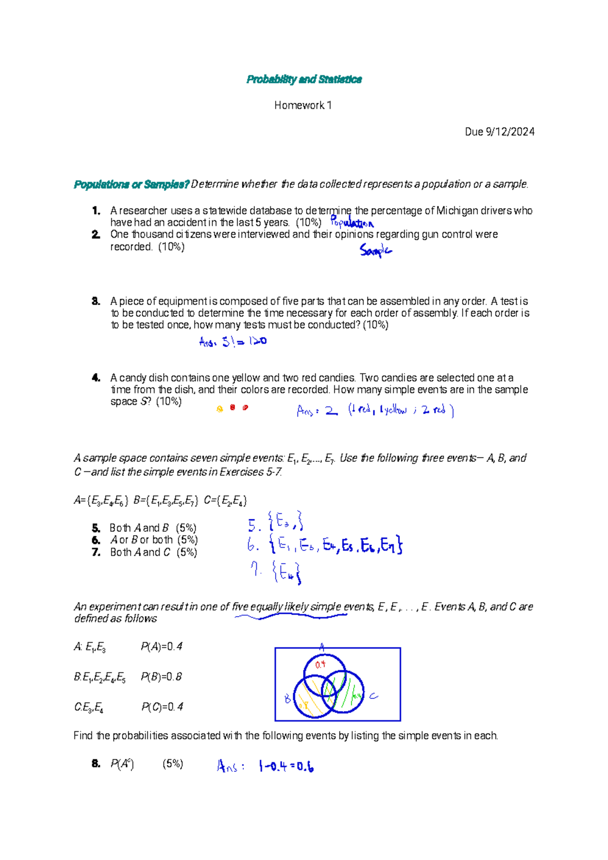 Hw 1 - This is a homework - Probability and Statistics Homework 1 Due 9 ...