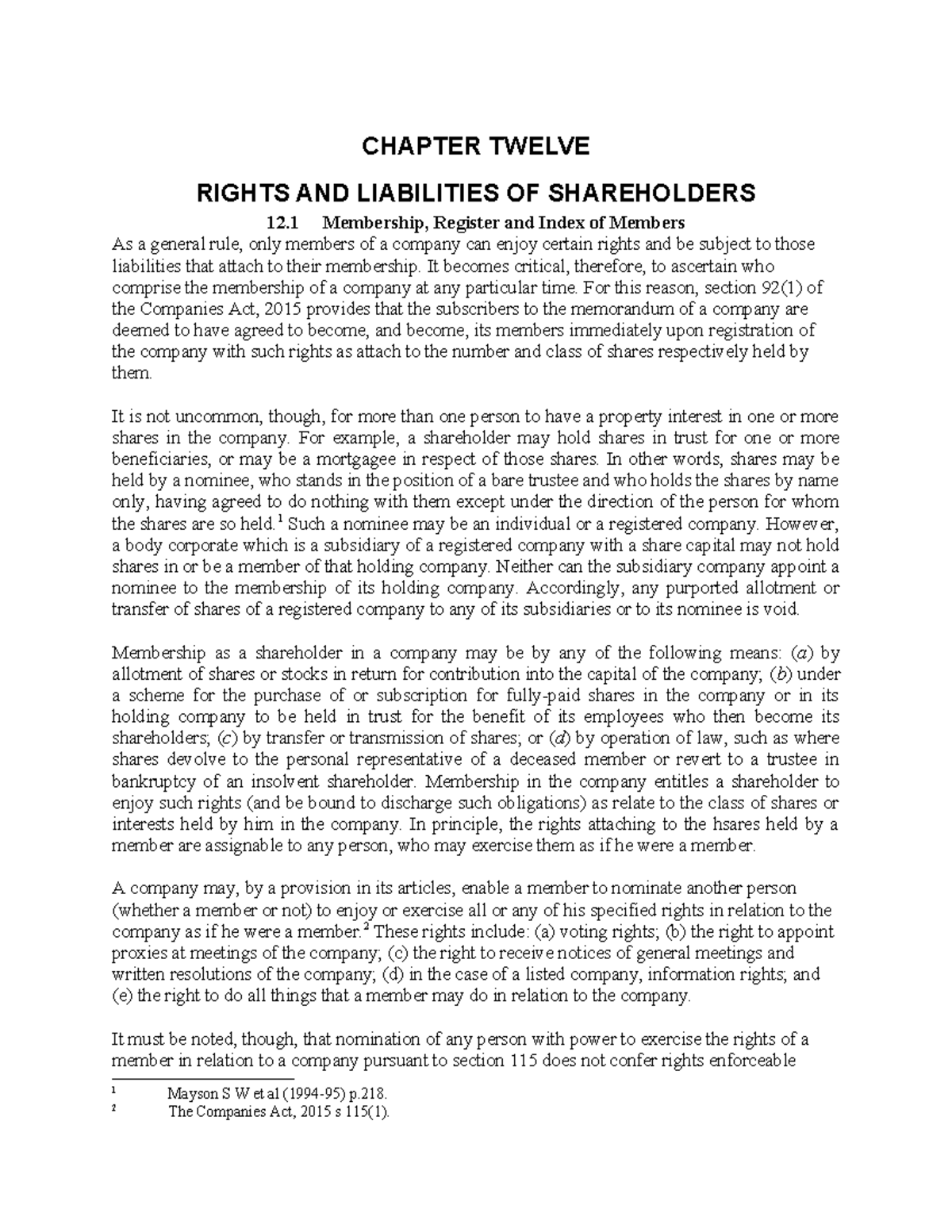 A Handbook of Company Law - CH12: Rights & Liabilities of Shareholders ...