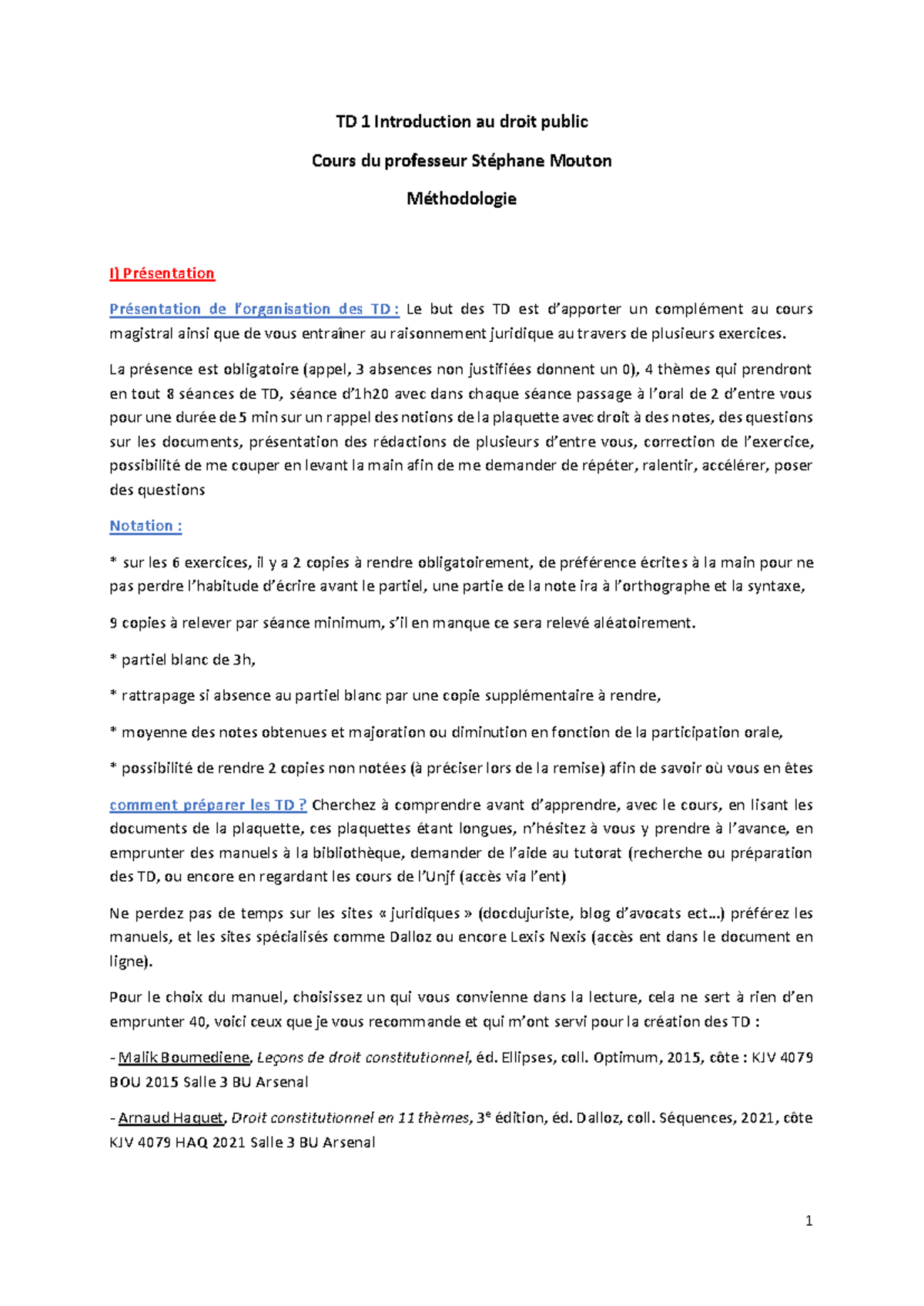 5- TD 1 - Méthodologie - méthode - TD 1 Introduction au droit public ...