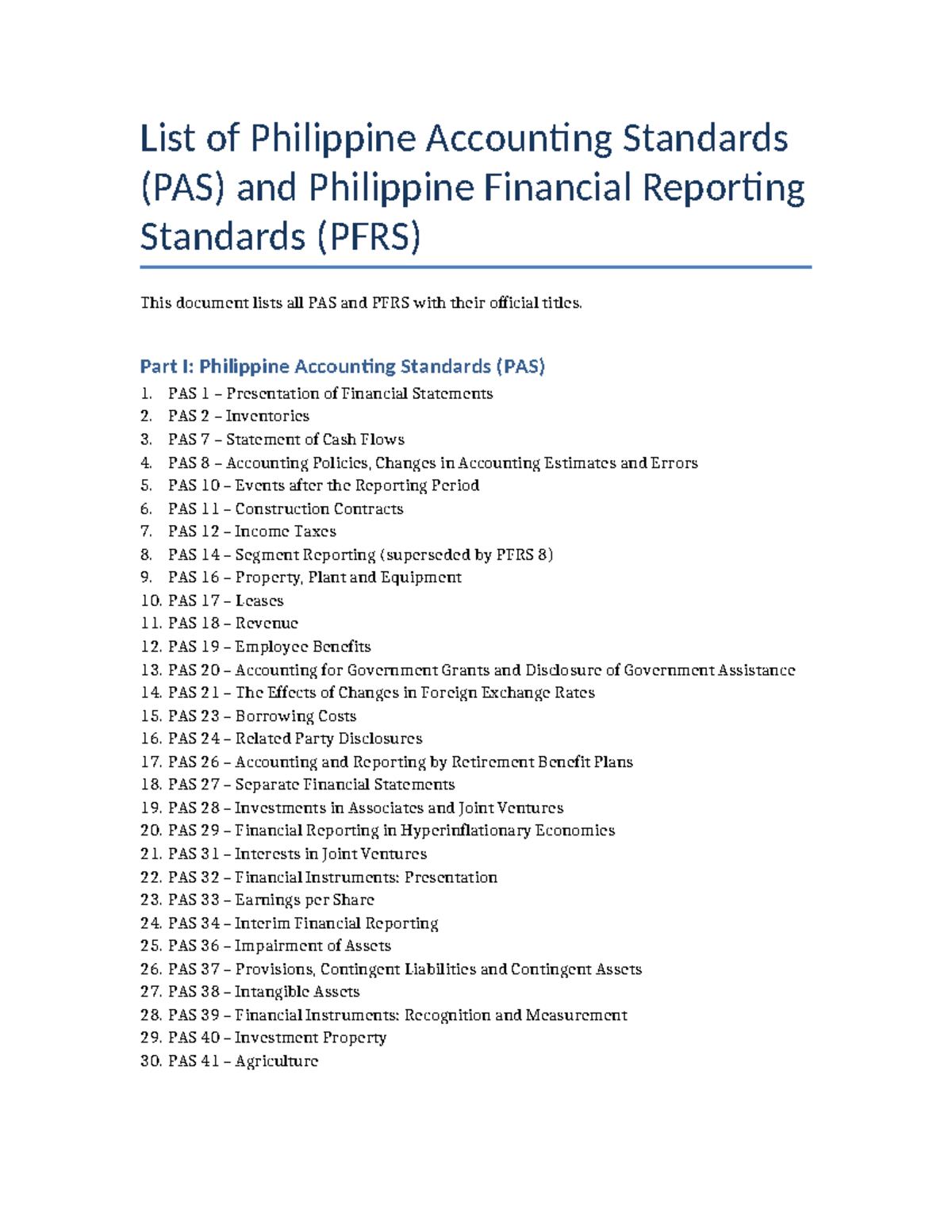 List of PAS & PFRS: Complete Guide to Philippine Standards - Document Preview
