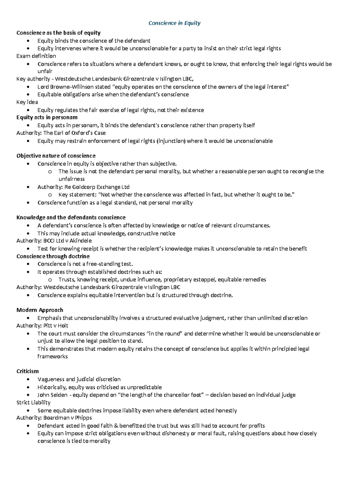 Conscience in Equity: Key Principles and Case Law Summary - Studocu