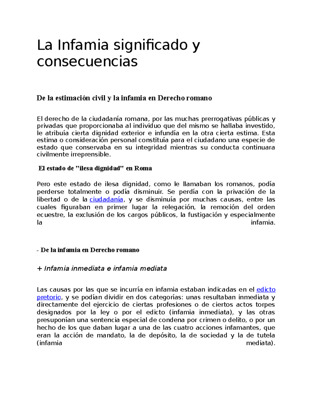 LA INFAMIA EN DERECHO ROMANO: DELITO Y CONSECUENCIAS LEGALES - Studocu