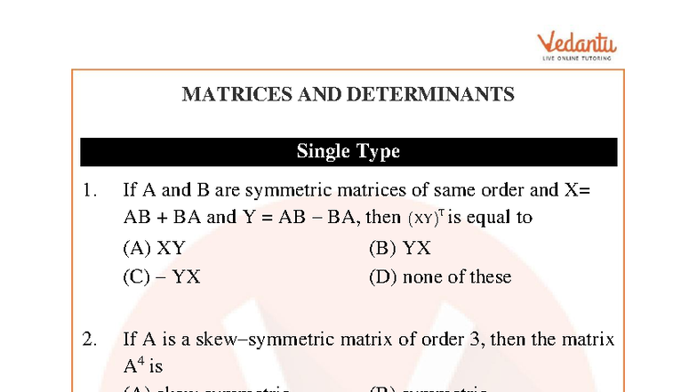 Matrices and Determinants JEE Main Important Questions 2026 - Studocu