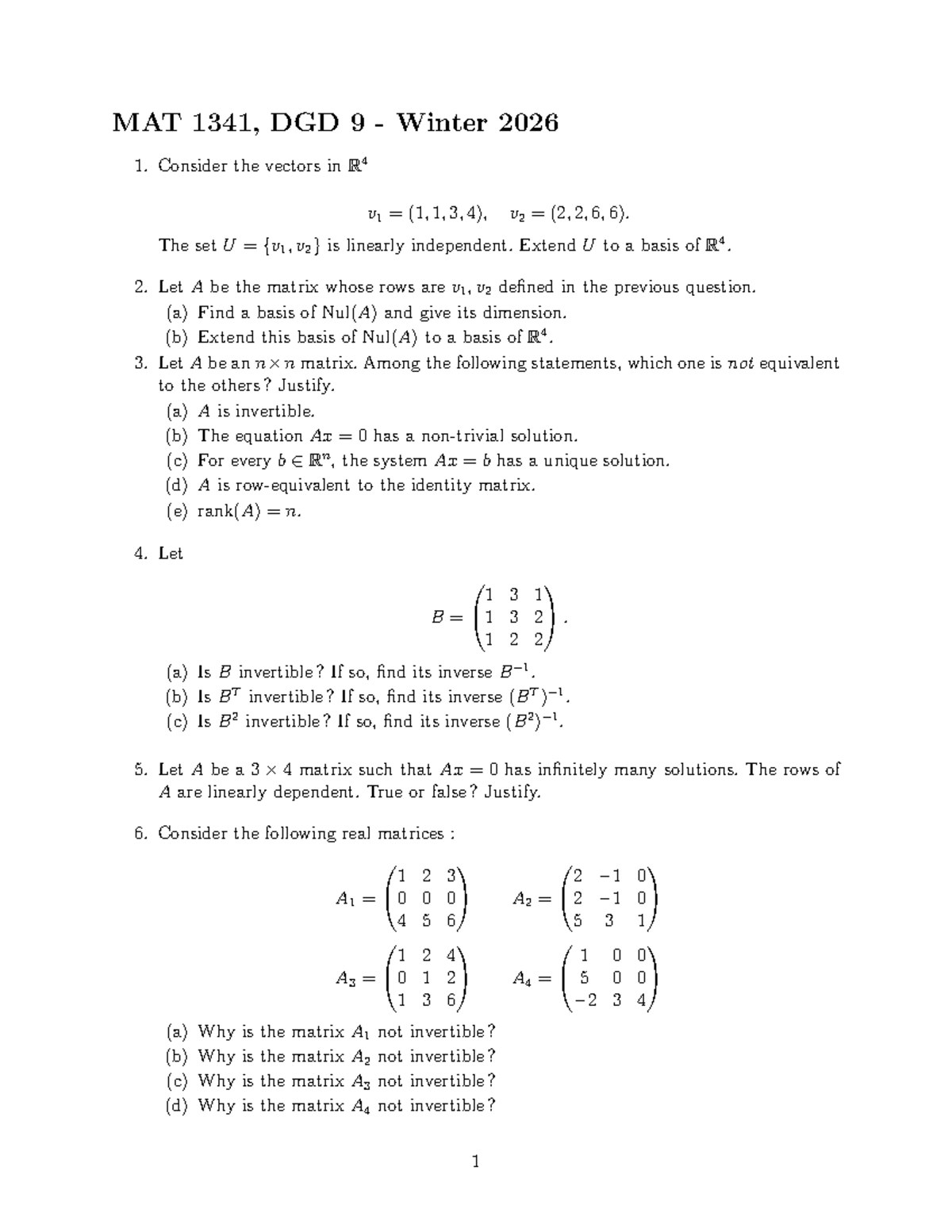 MAT 1341 DGD 9 Winter 2026: Linear Algebra Concepts and Problems - Studocu