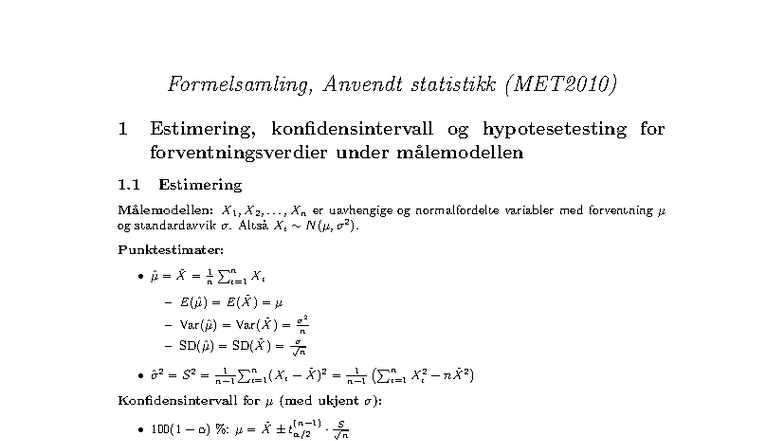 Formelsamling for Anvendt Statistikk (MET2010) - Estimering og ...