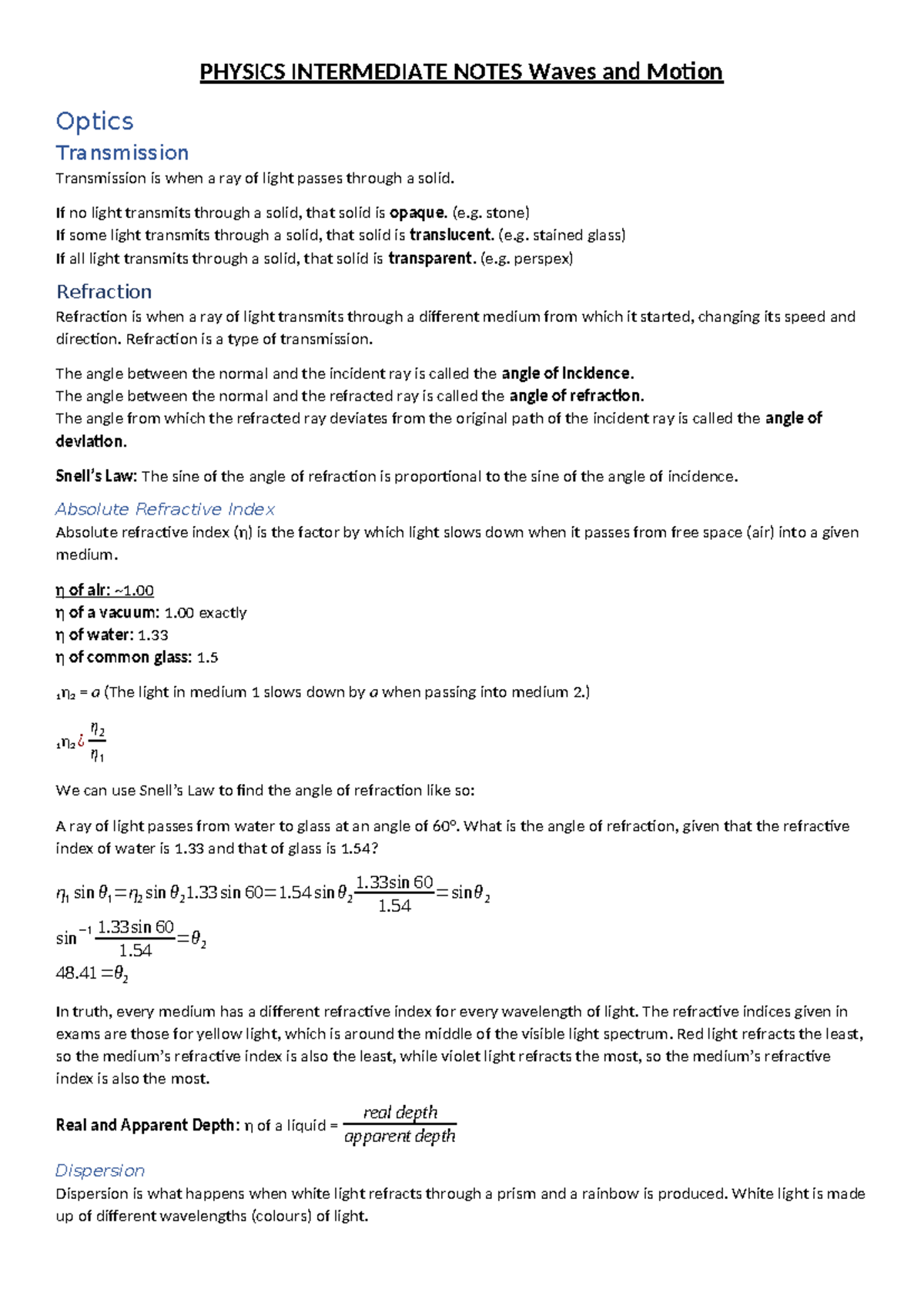 PHYSICS 101: Intermediate Notes on Waves, Motion, and Optics - Studocu