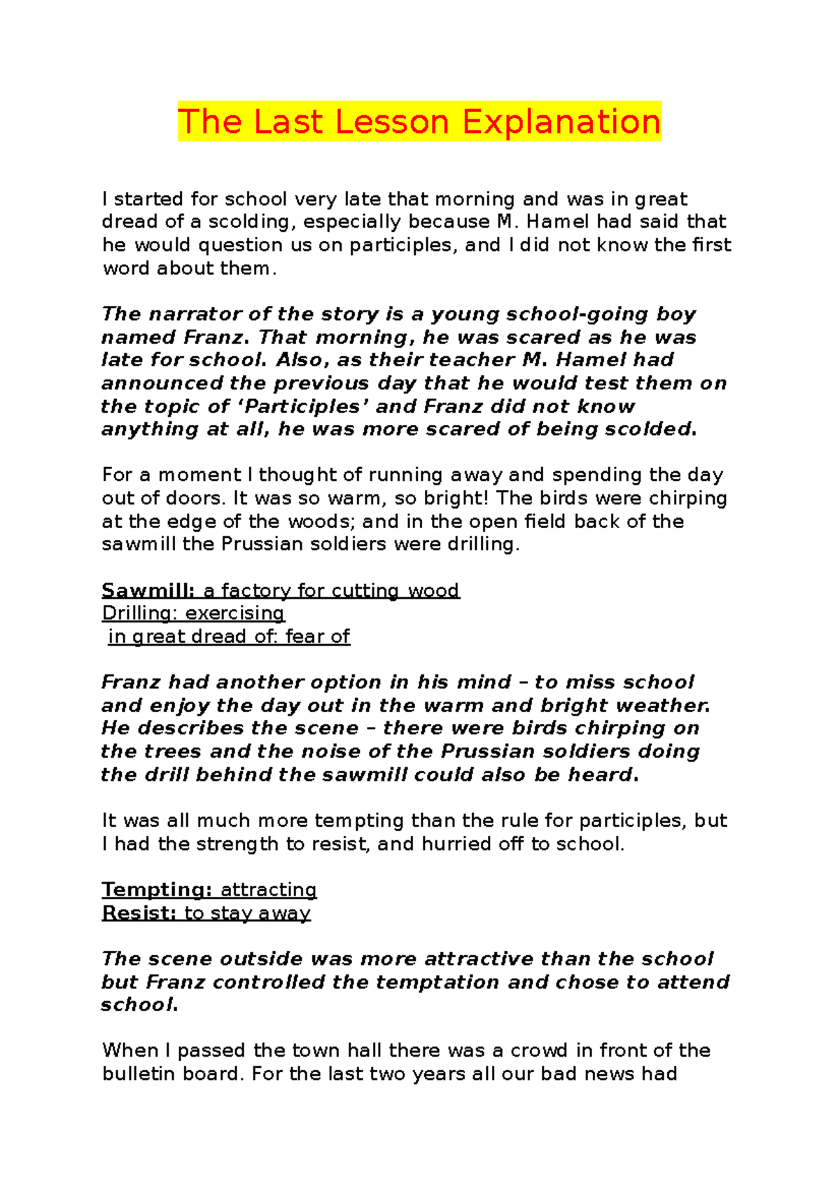 The Last Lesson (Summary & Analysis) - French Literature Notes - Studocu