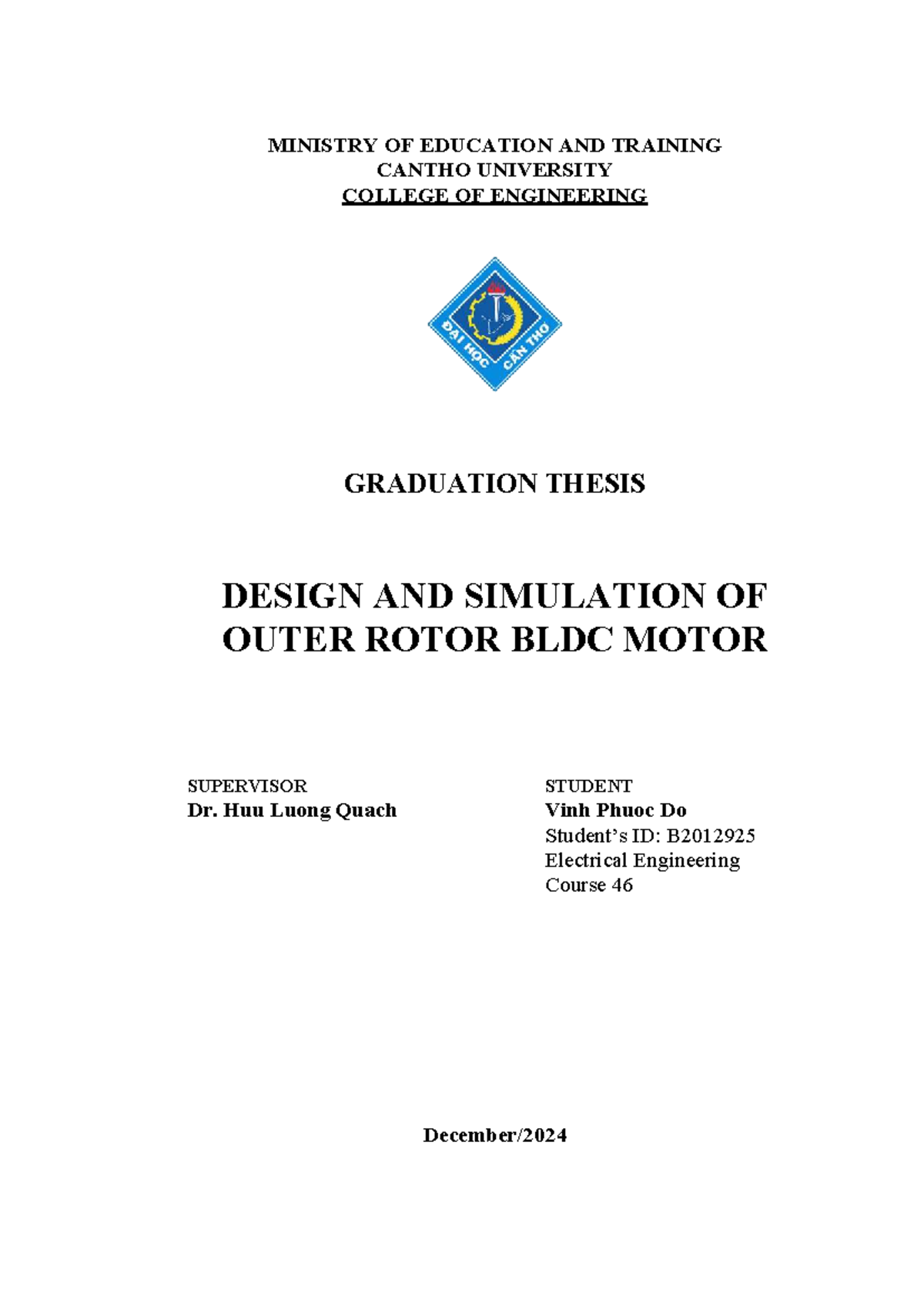 Graduation Thesis: Design & Simulation of Outer Rotor BLDC Motor (EE46 ...
