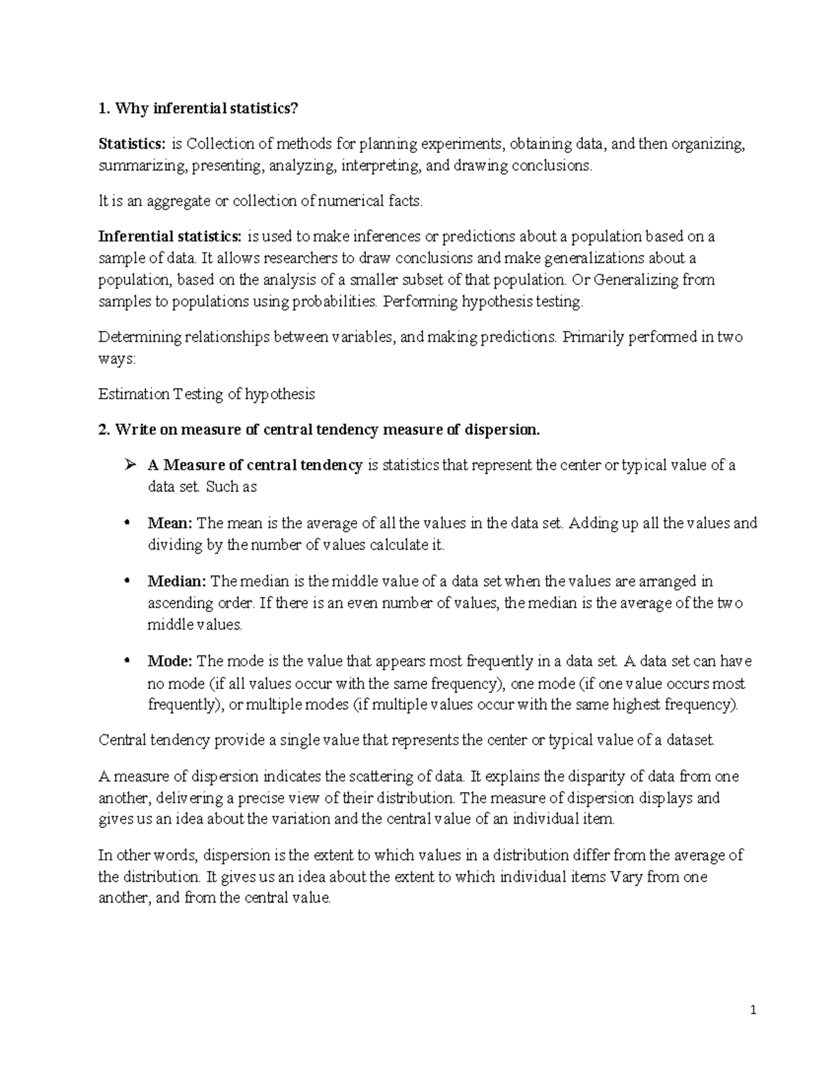 Assignment of Statistics 11 - Why inferential statistics? Statistics ...