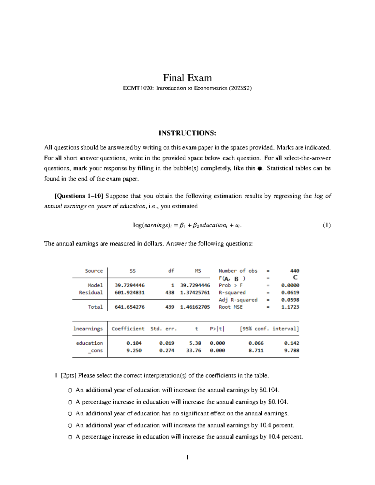 2023S2 ECMT1020 Final Exam Practice Questions and Solutions - Studocu