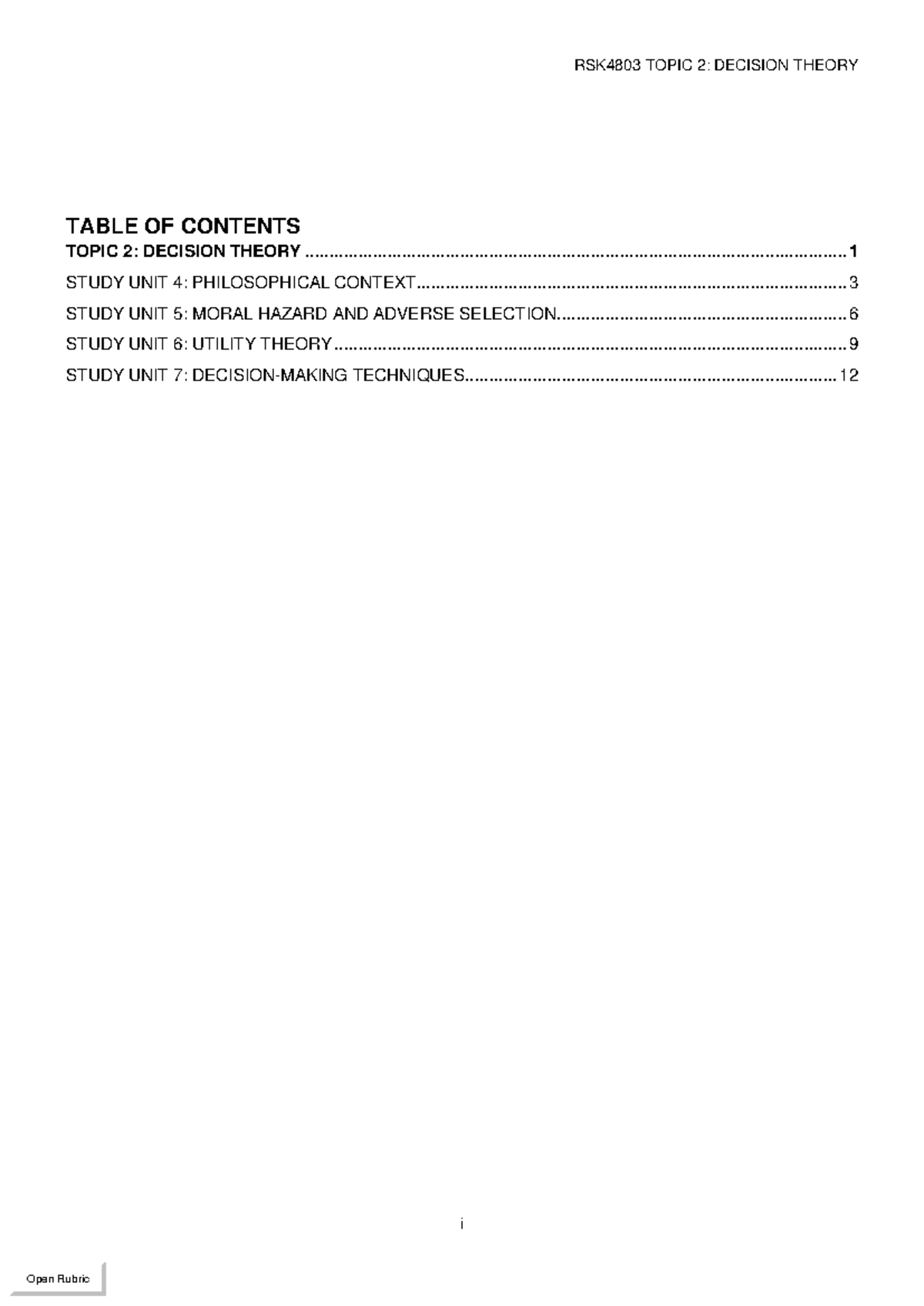 RSK4803+Topic+2 - NOTES - i TABLE OF CONTENTS TOPIC 2: DECISION THEORY ...