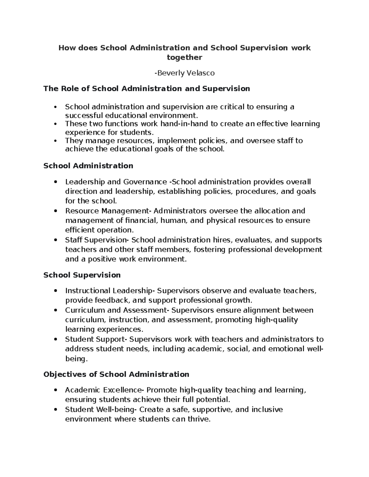 Leadership Report- Velasco - How does School Administration and School ...