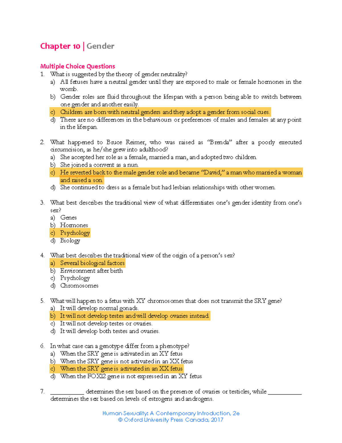 Chapter 10 Gender - Practice Questions for Human Sexuality (2e) - Studocu