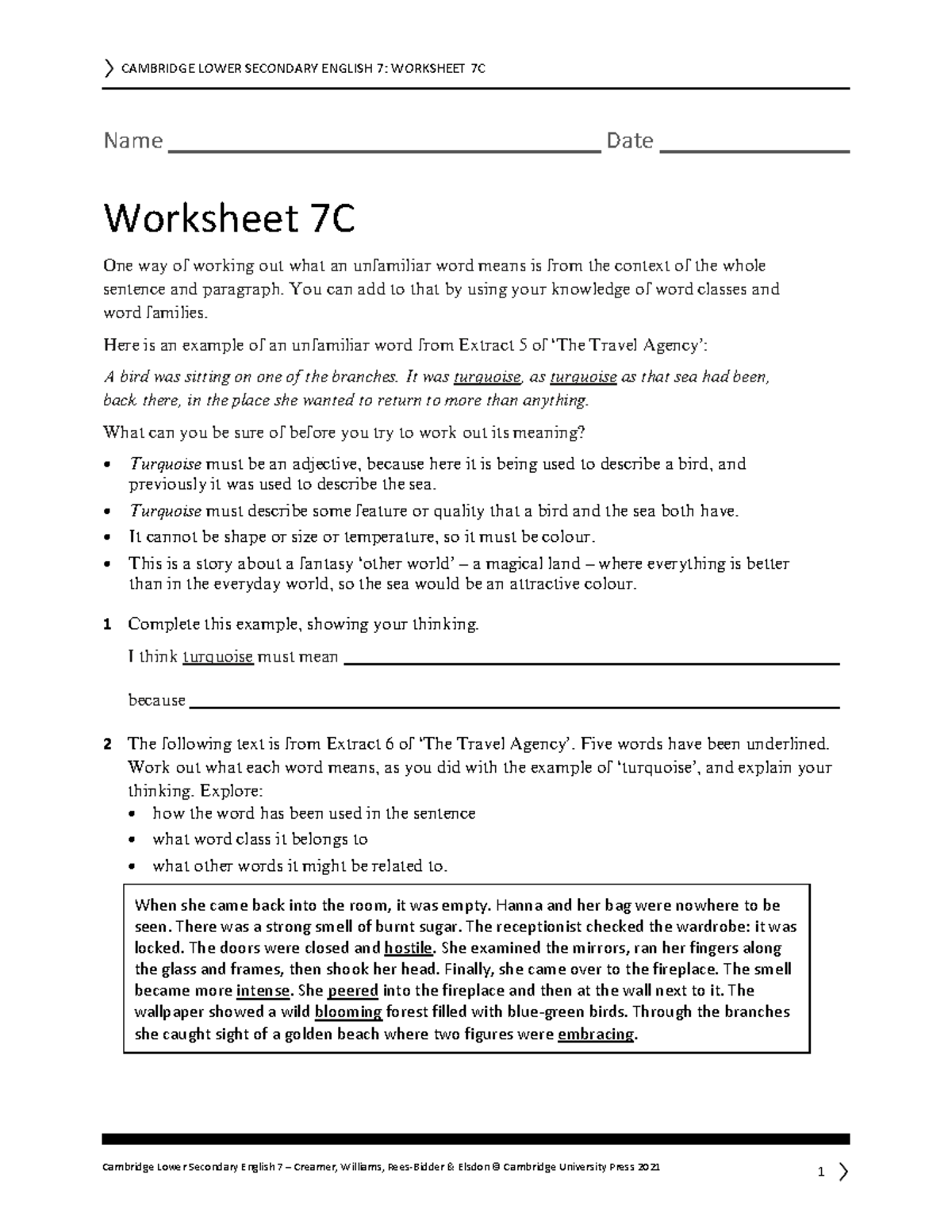 CAMBRIDGE LOWER SECONDARY ENGLISH 7: WORKSHEET 7C - Vocabulary Context ...