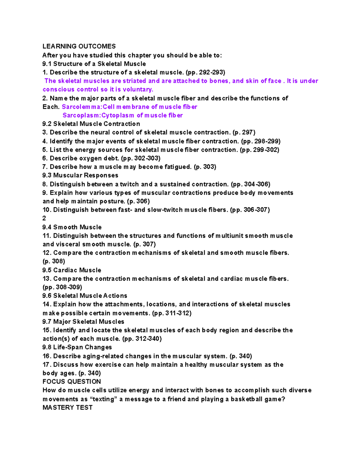 Chapter 9 Review - bio a&p 1 - LEARNING OUTCOMES After you have studied ...