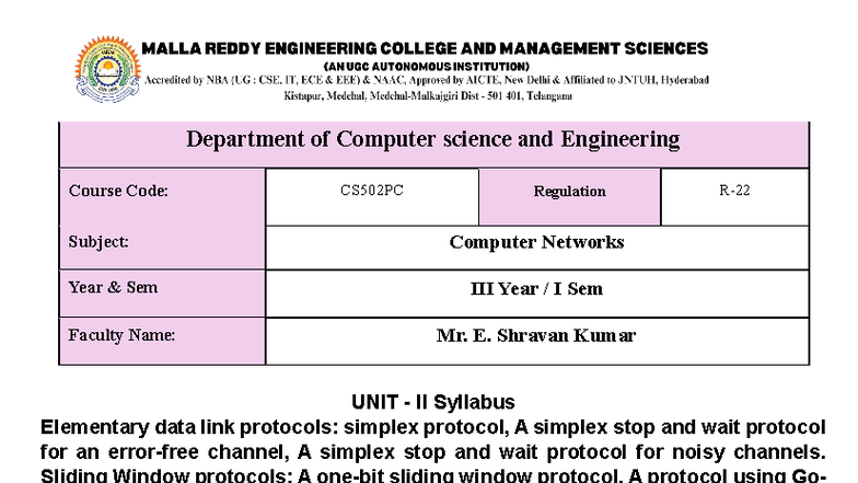 CS502PC Computer Networks Notes: Unit II - Data Link Protocols - Studocu