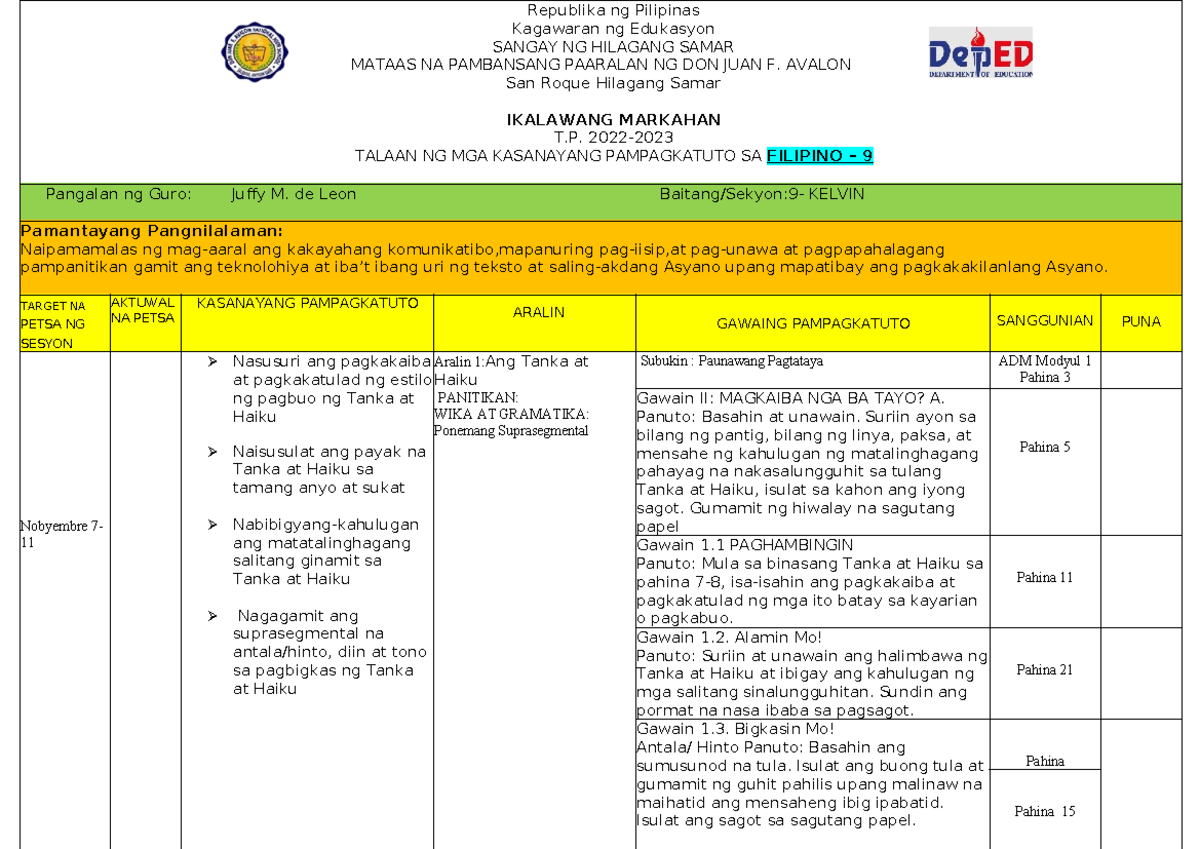 LCD-9 Learning Competency Filipino 9 - Republika ng Pilipinas Kagawaran ...