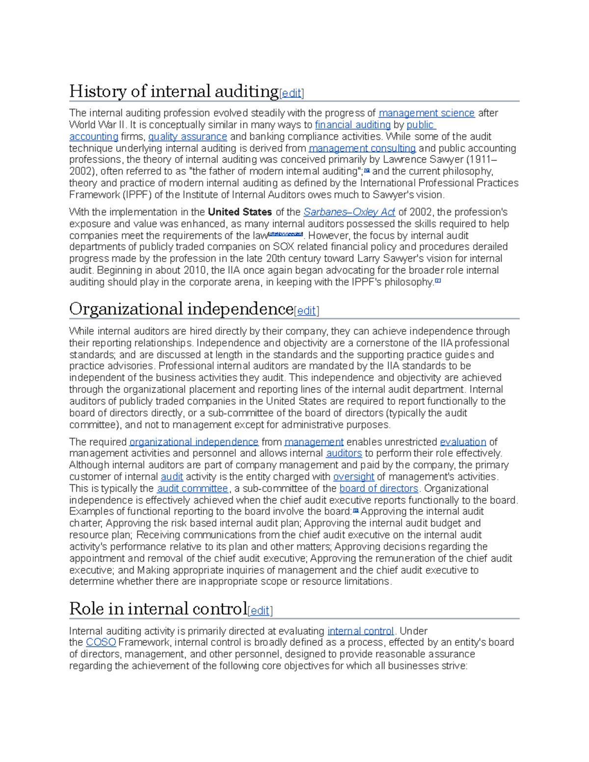 Historical Overview of Internal Auditing: From Sawyer to SOX - Studocu