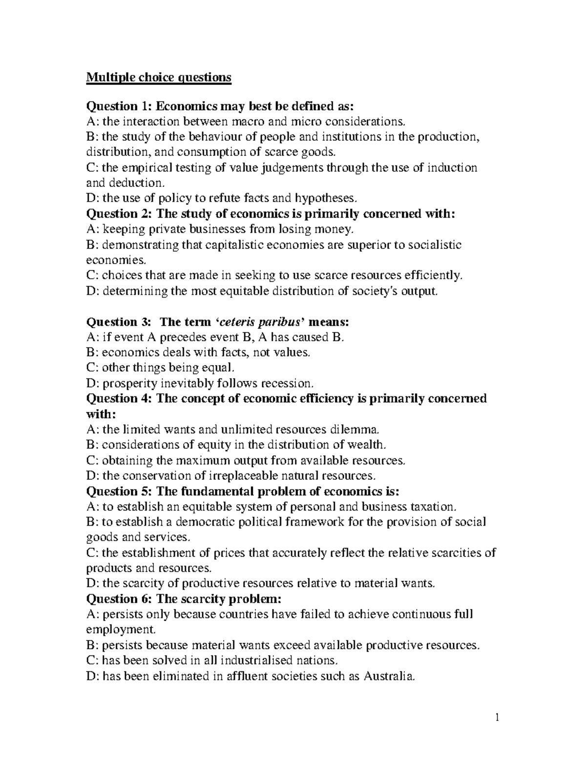 Mulp 1 Economics MCQ Review: Key Concepts and Definitions - Studocu