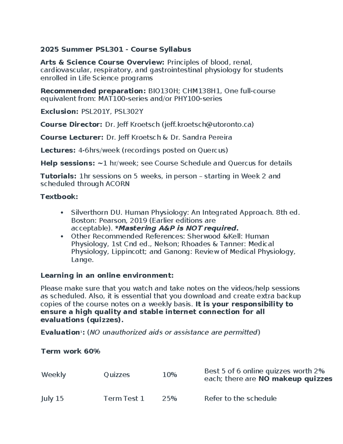2025 Summer PSL301 Course Syllabus: Human Physiology Overview - Studocu