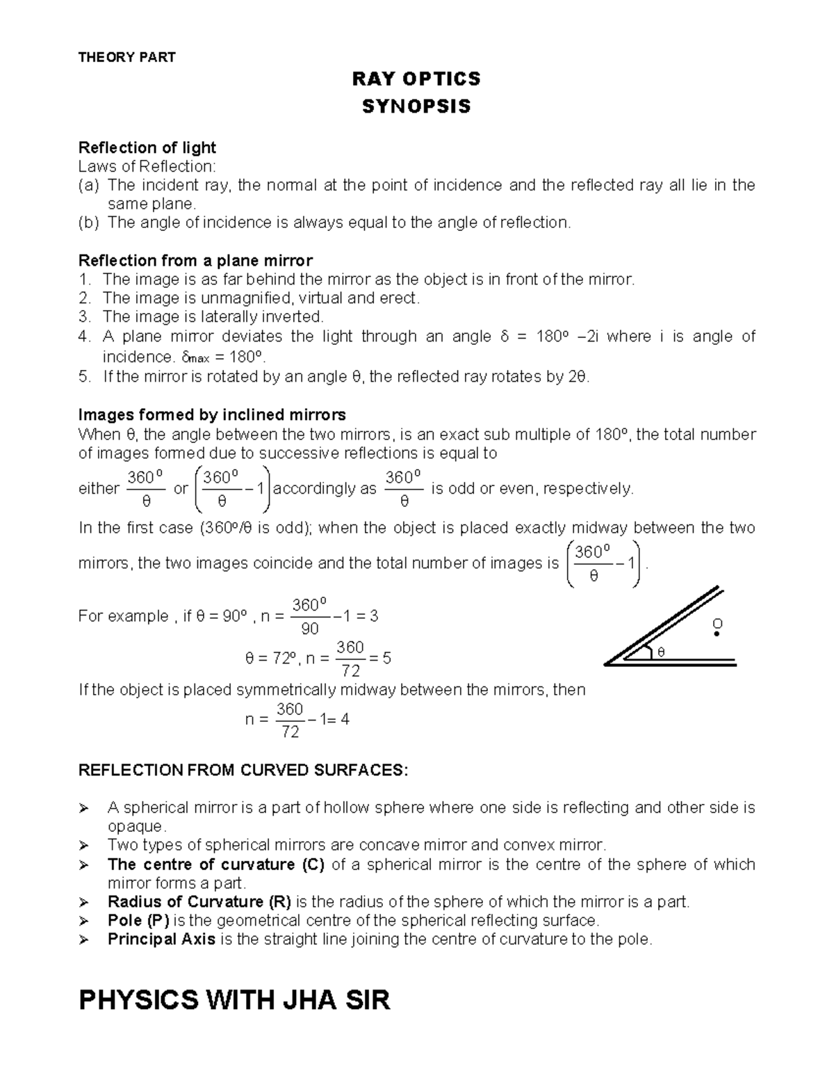 RAY Optics Concepts and Problem Solutions - Final Exam Notes - Studocu