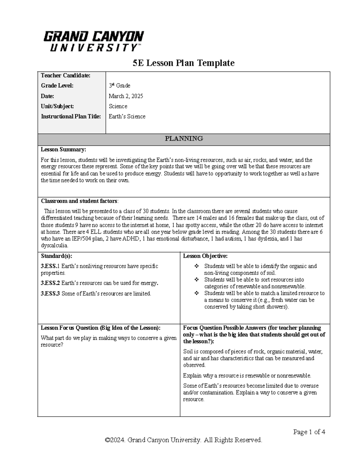 5E Lesson Plan (Wk 7) for 3rd Grade Science: Earth’s Non-Living ...