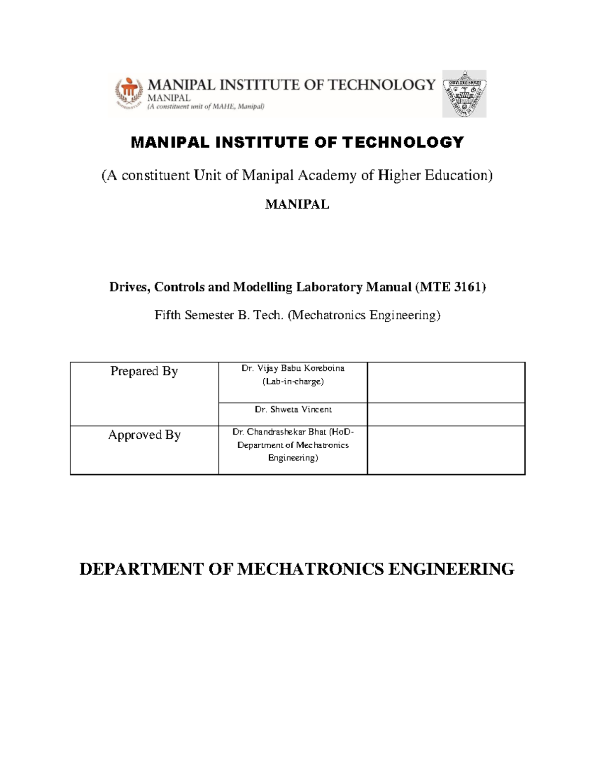MTE 3161 Drives, Controls & Modelling Lab Manual - 5th Sem B.Tech - Studocu