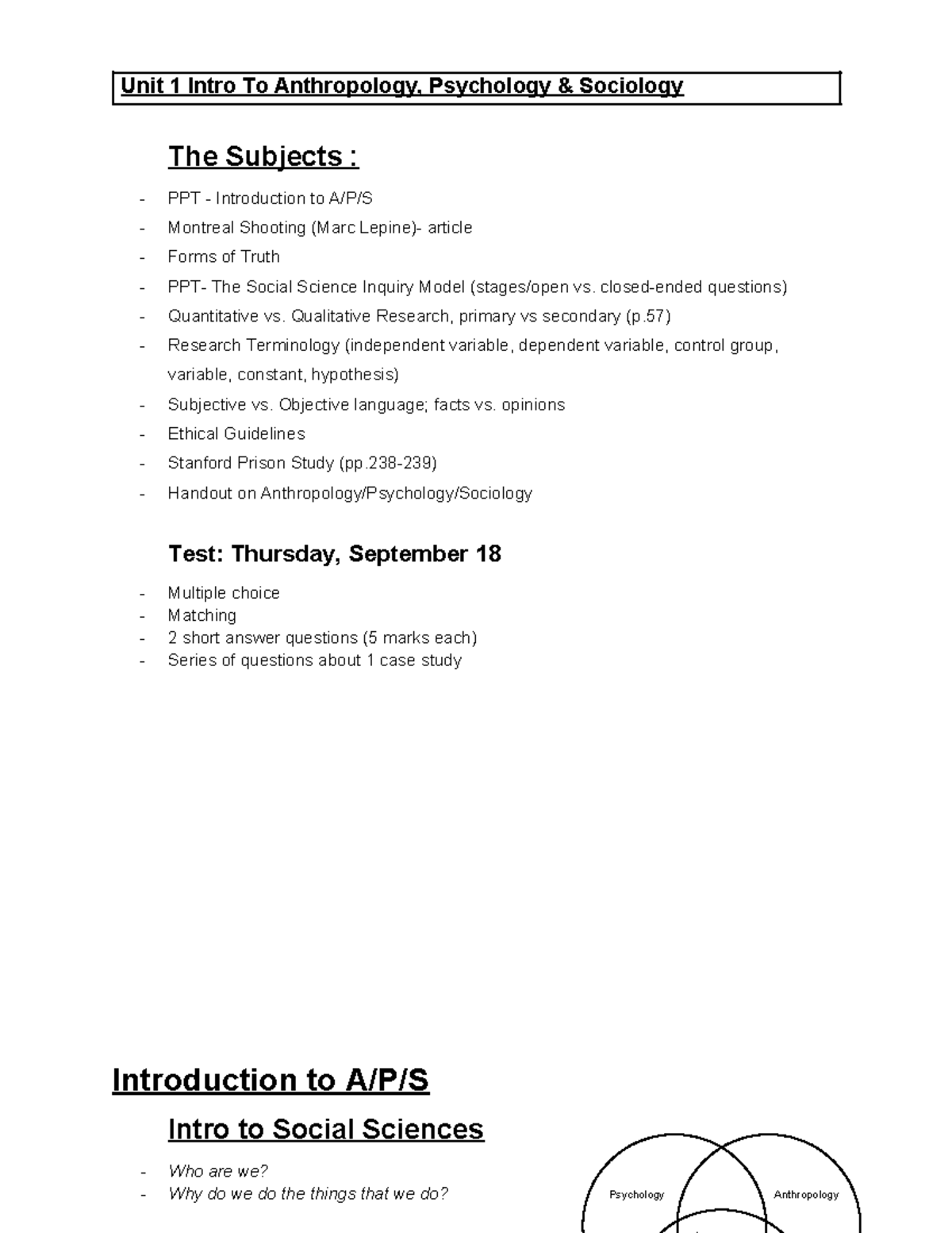 Unit 1 Intro To Anthropology, Psychology & Sociology - Unit 1 Intro To ...