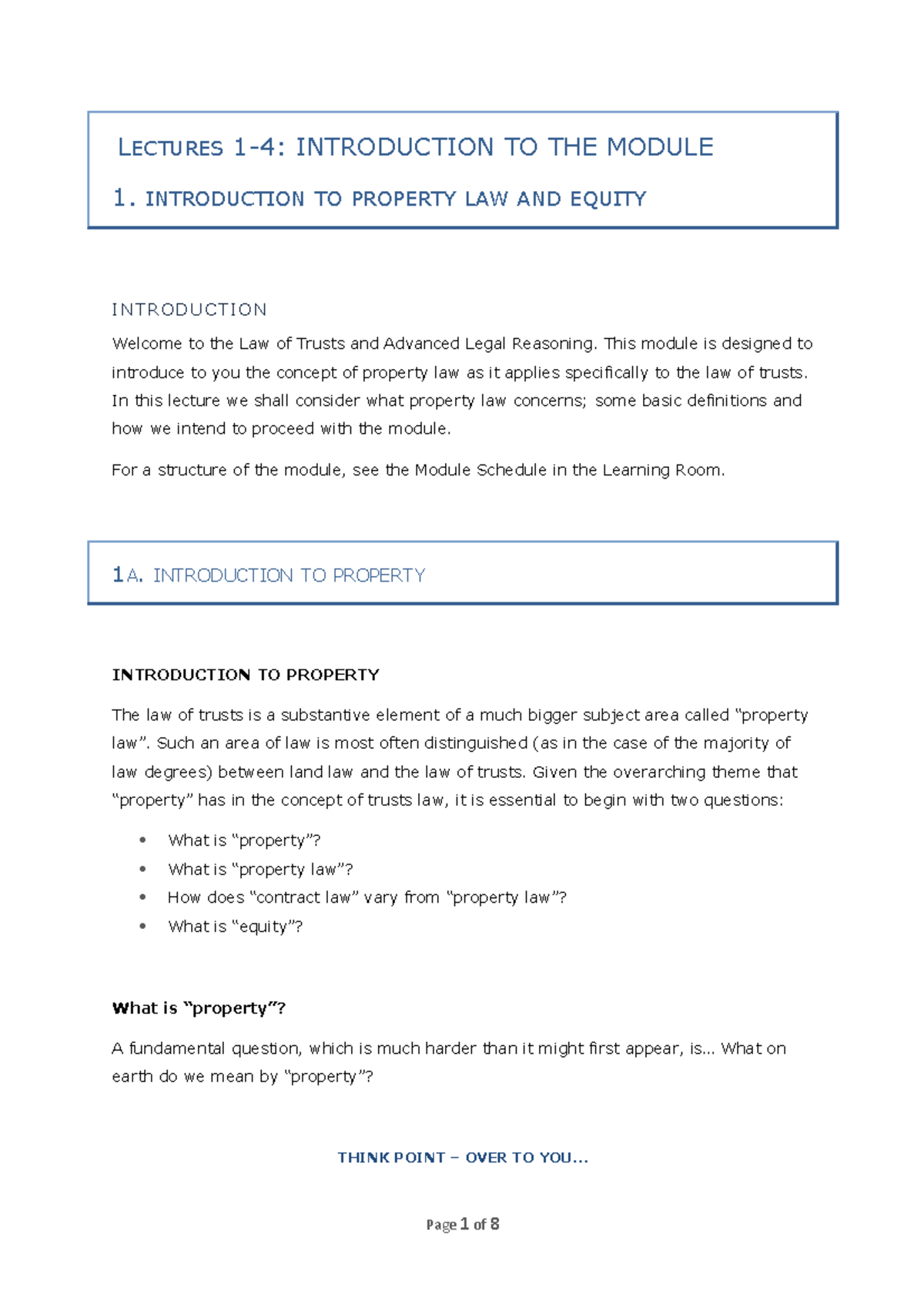 T - Lecture Handout 1 - Intro to Property Law & Trusts Concepts - Studocu