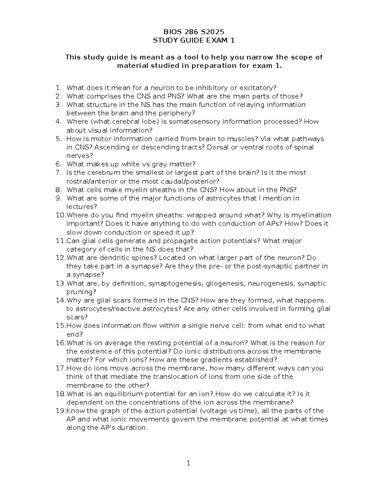Exam 1 study guide S2025 - BIOS 286 S STUDY GUIDE EXAM 1 This study ...