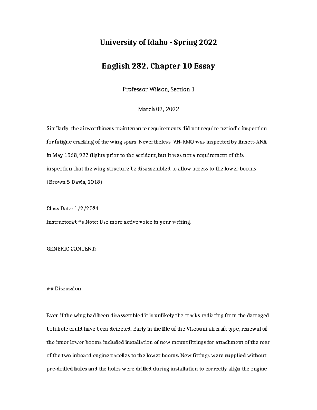 English 282 Chapter 10 Essay: Analysis of VH-RMQ Wing Inspection ...