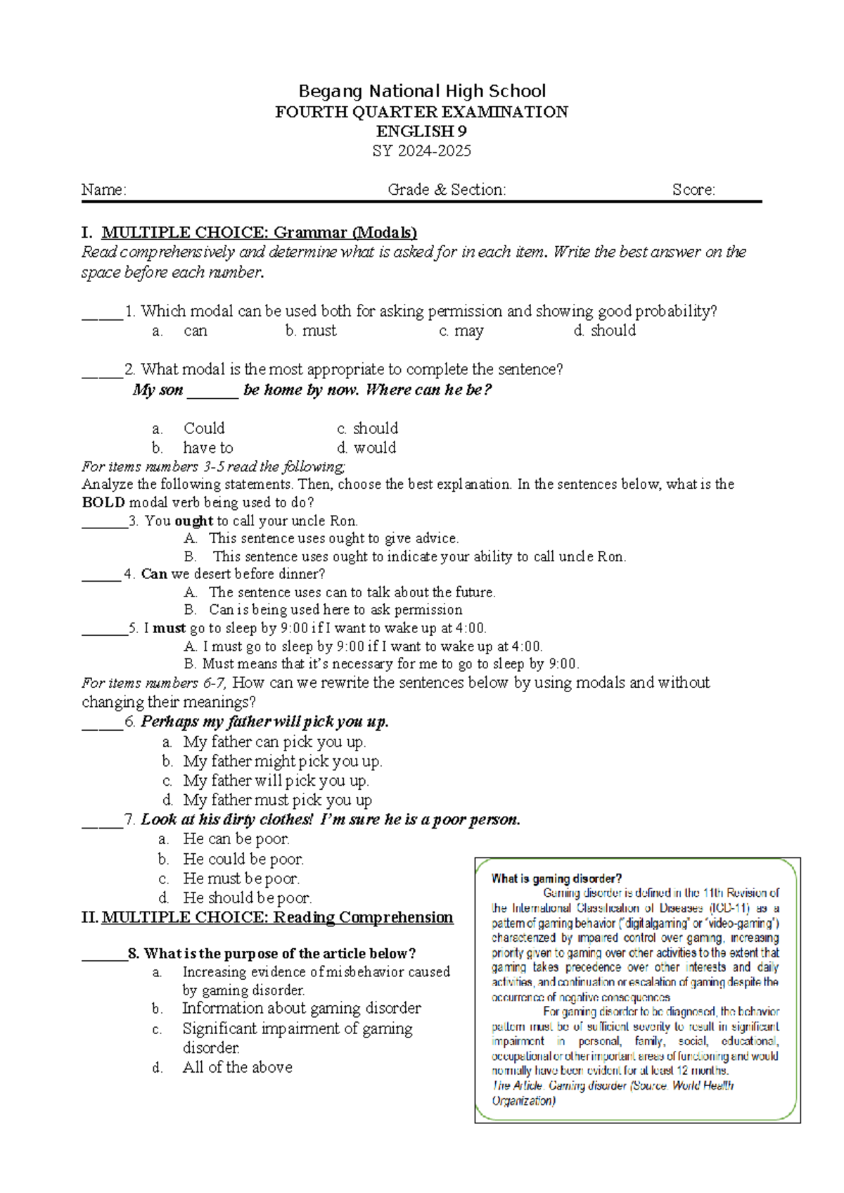 English 9 Final Exam Review: Grammar and Reading Comprehension - Studocu