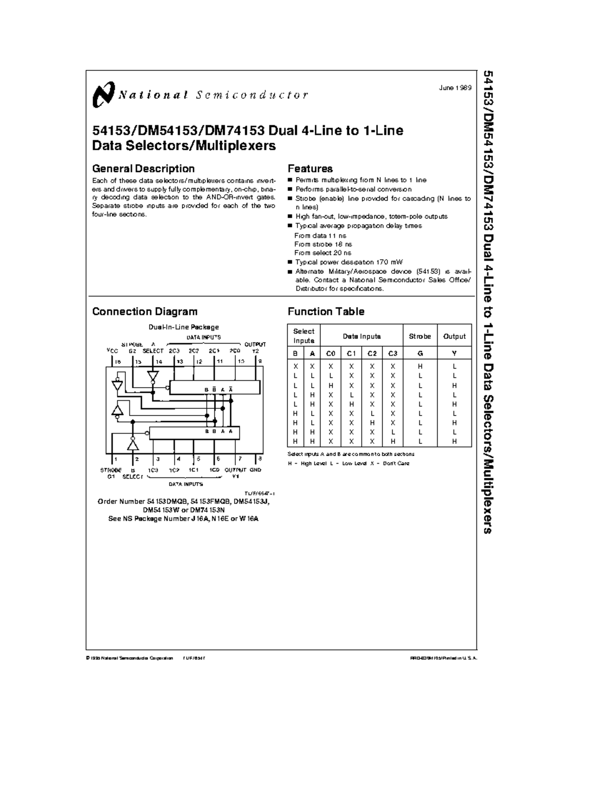 74153 National Semiconductor - TL/F/ 54153/DM54153/DM74153 Dual 4-Line ...