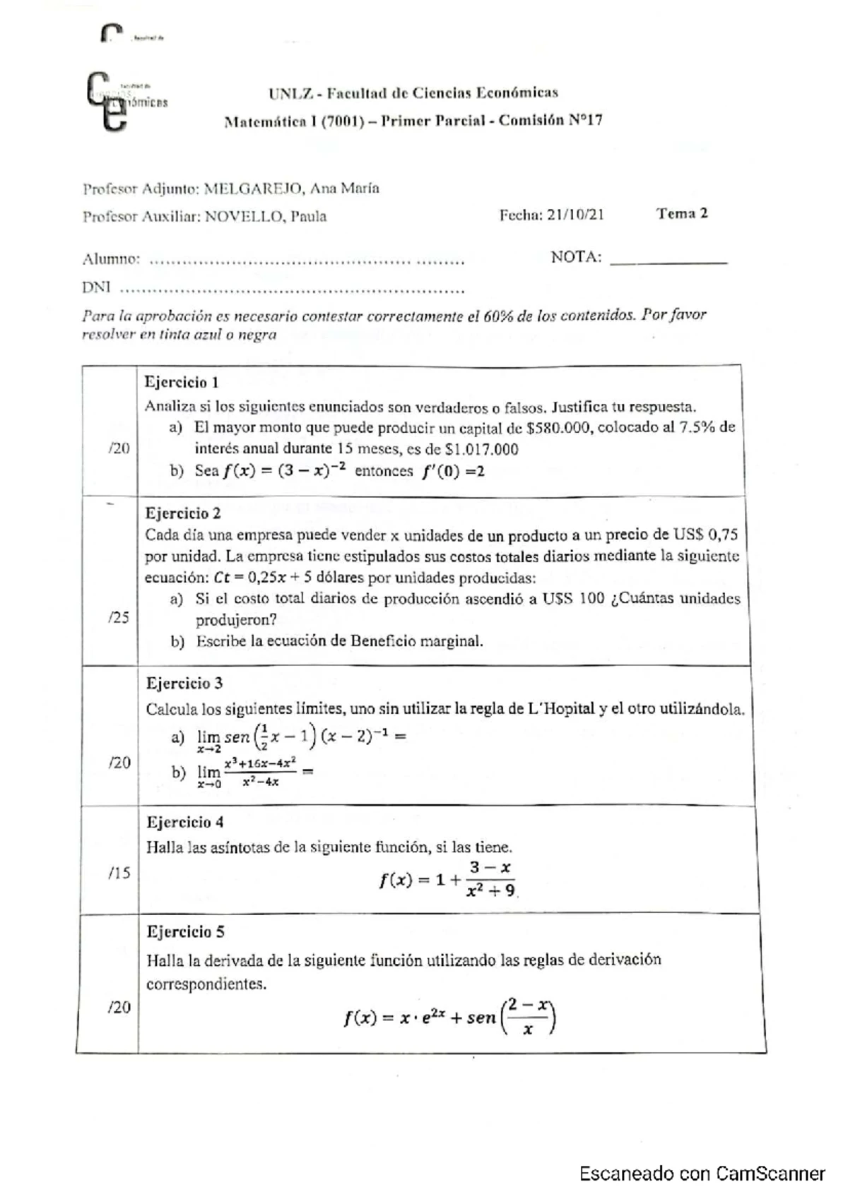 Matemática I (7001) Primer Parcial - Ejercicios y Análisis de Funciones ...