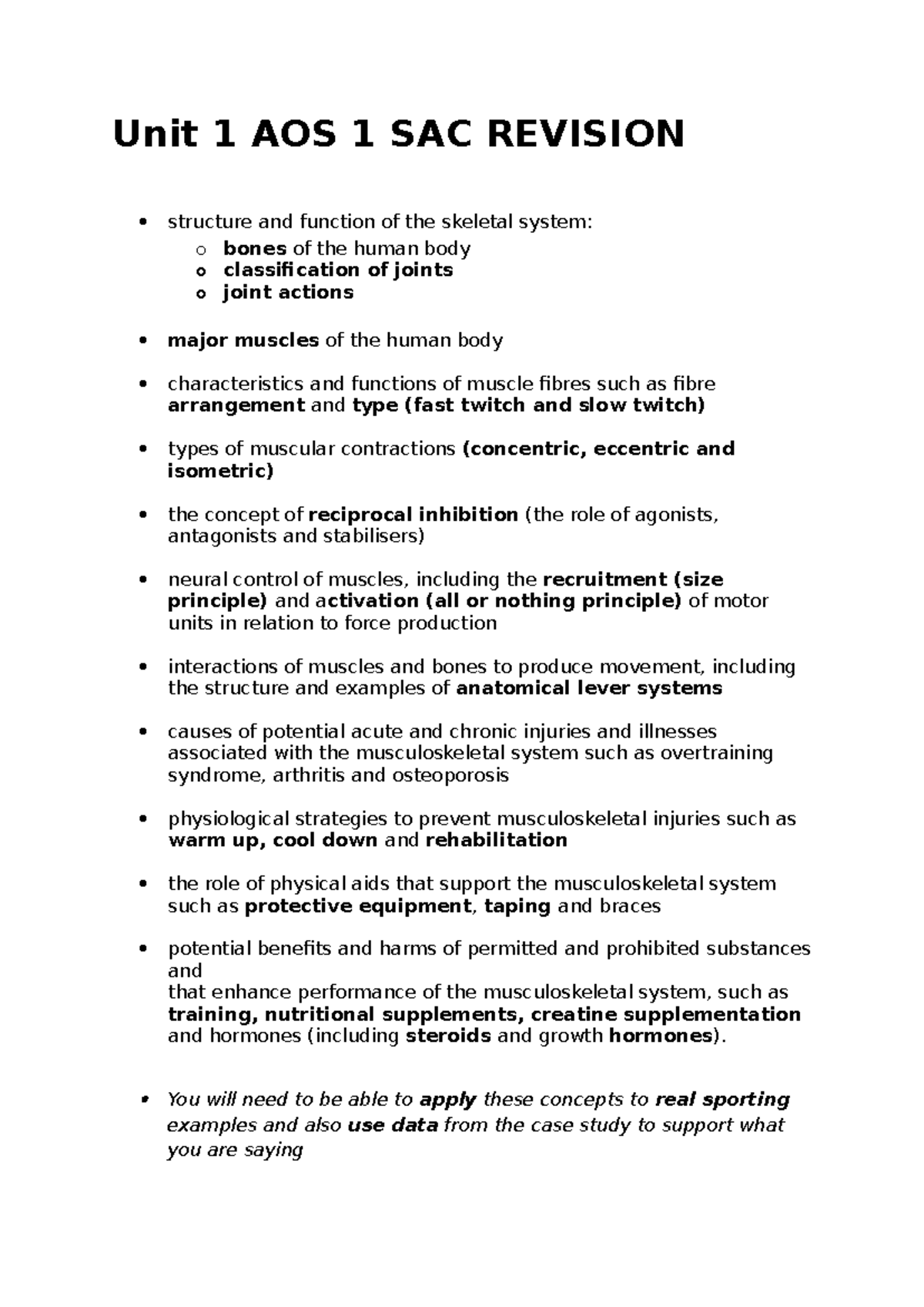 AOS1 SAC Revision: Structure & Function of the Skeletal System - Studocu